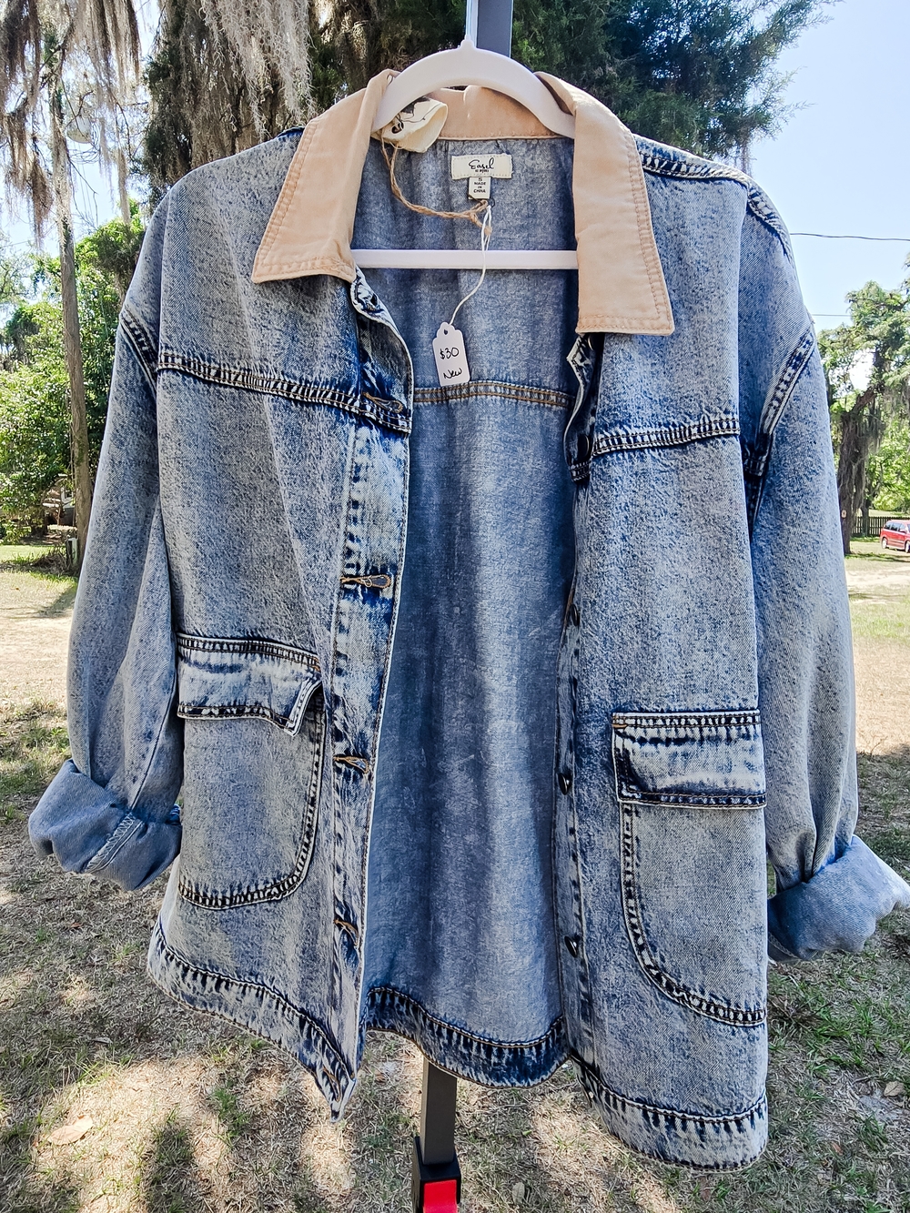 Light Blue Acid-Wash Denim Jacket with Tan Corduroy Collar